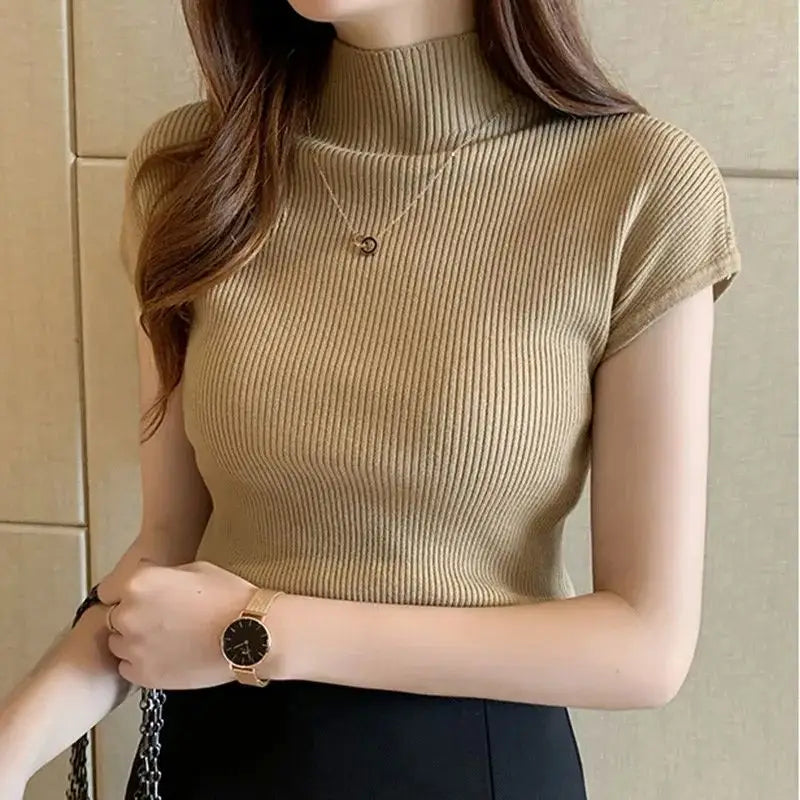 Lunaria's Short Sleeve Mock Neck Knit Crop Top