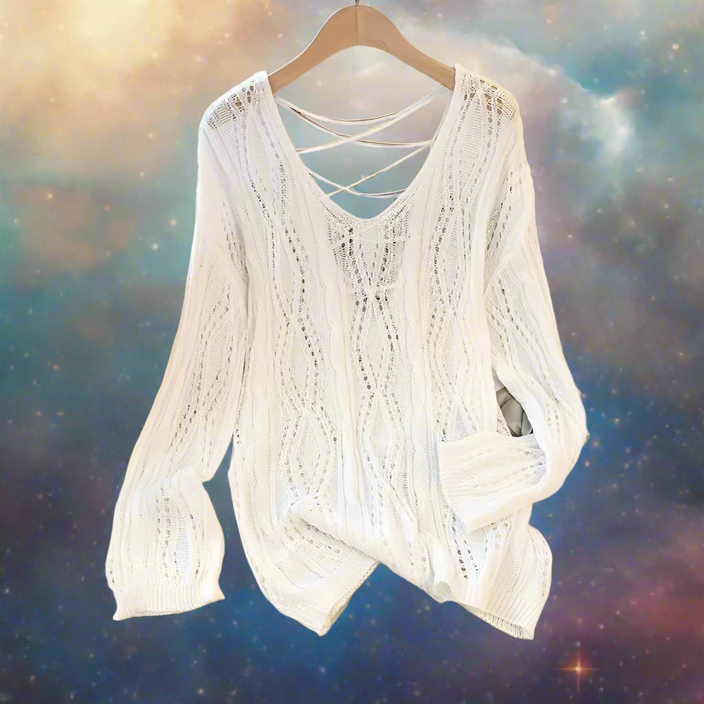 Lunaria's Lace-up Back Crochet Shirt Long Sleeve Knit