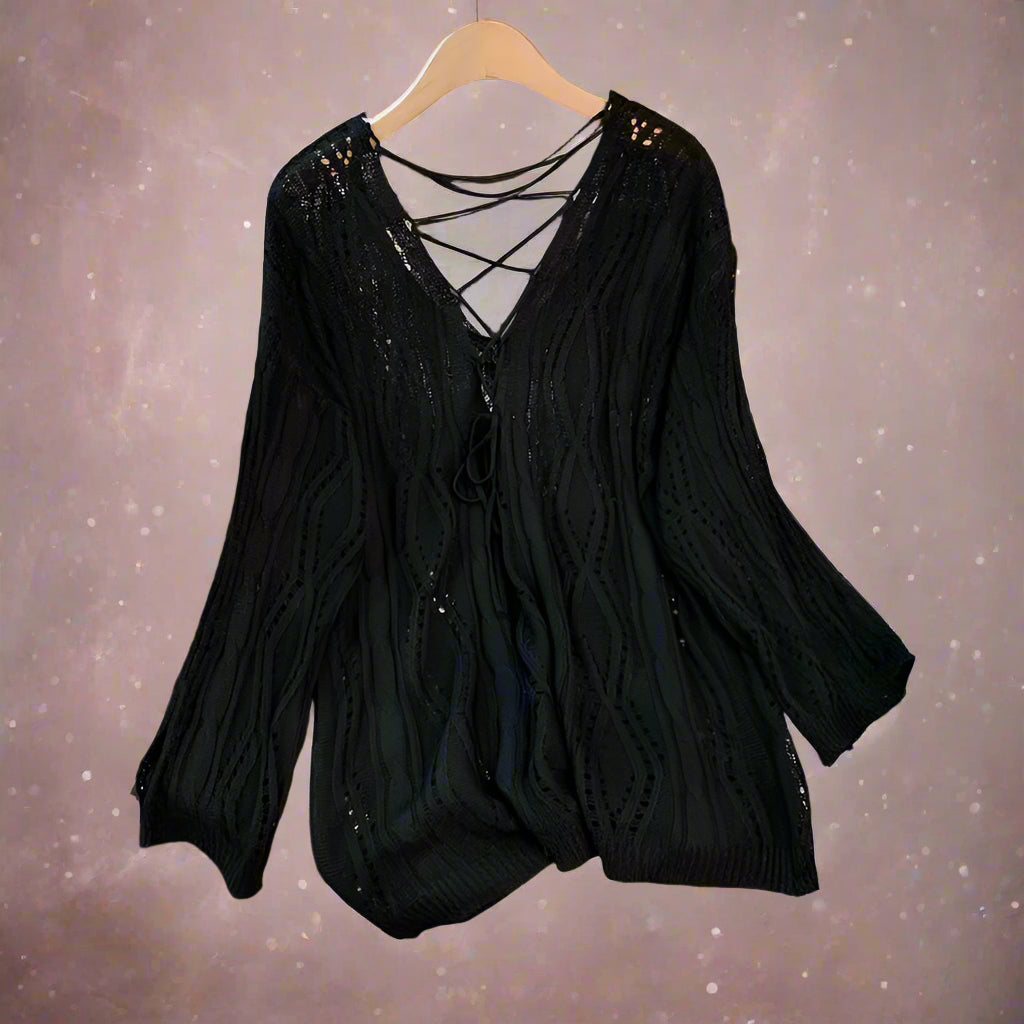 Lunaria's Lace-up Back Crochet Shirt Long Sleeve Knit