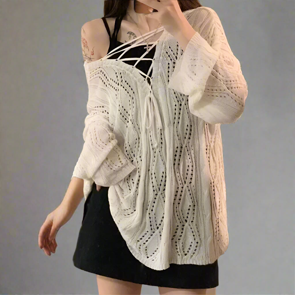 Lunaria's Lace-up Back Crochet Shirt Long Sleeve Knit