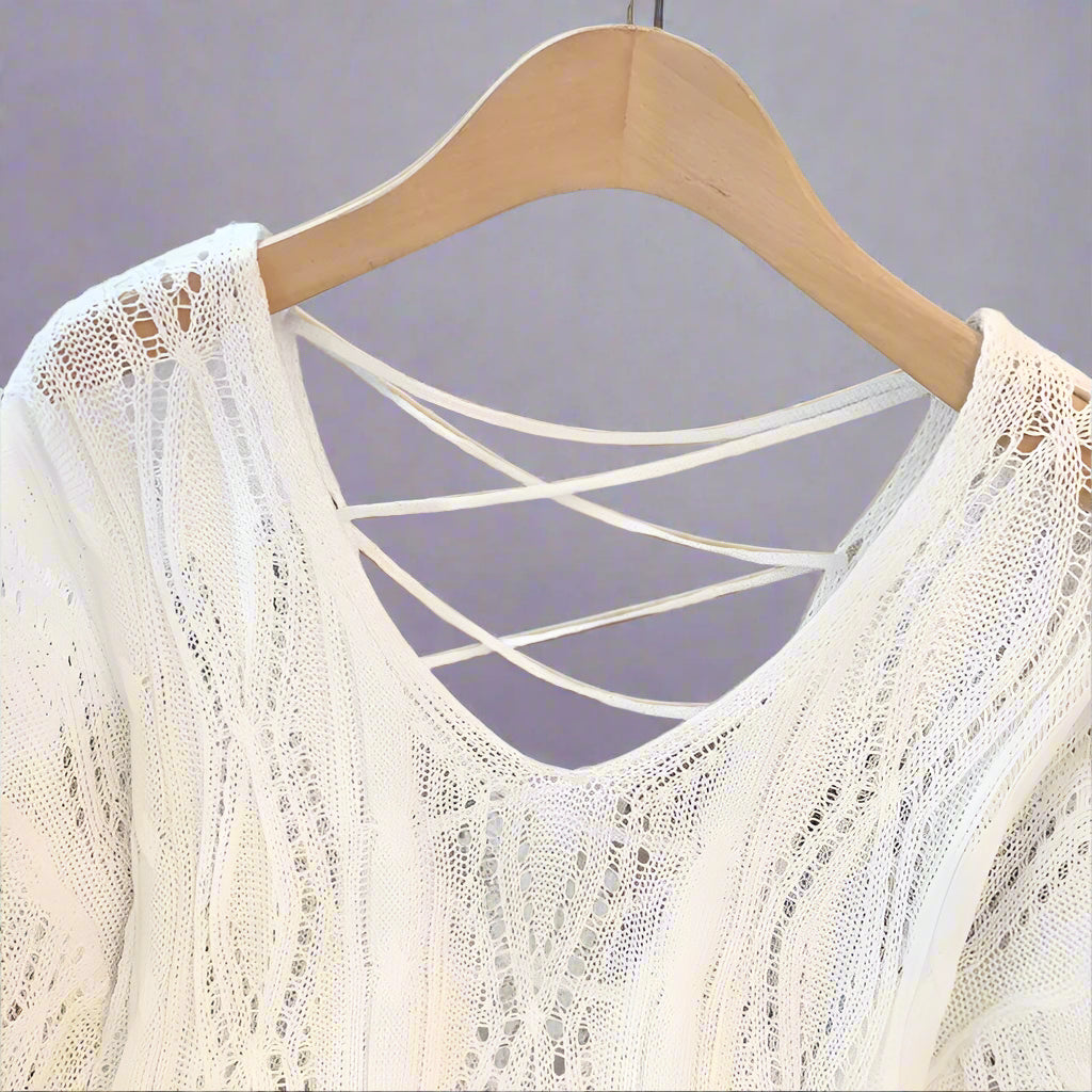 Lunaria's Lace-up Back Crochet Shirt Long Sleeve Knit