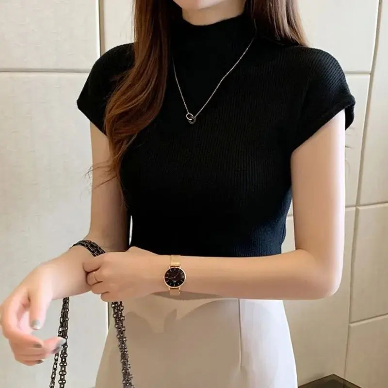 Lunaria's Short Sleeve Mock Neck Knit Crop Top
